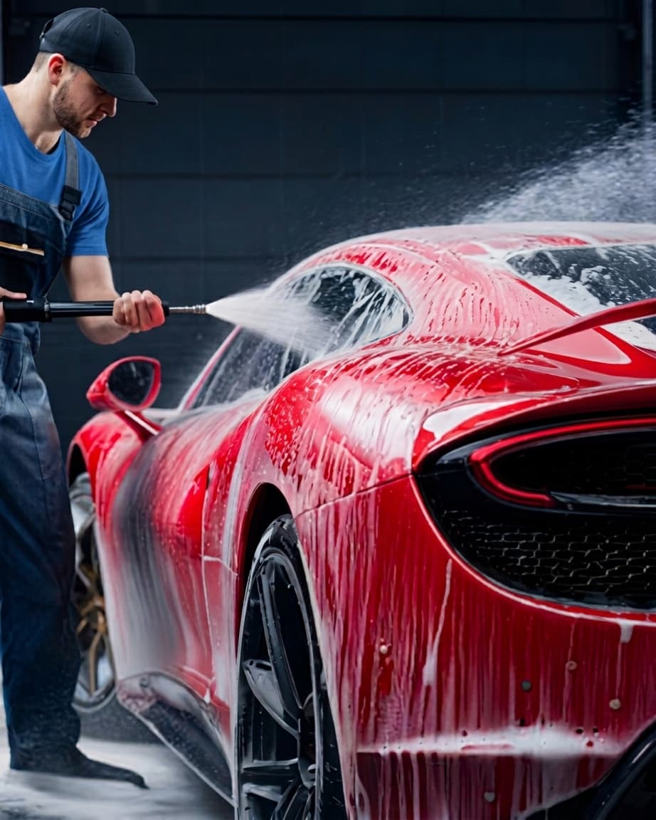 JM Car Wash specialist pressure washing a car